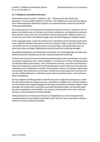 Unterrichtsplanung: LS 7.2 Die Schülerinnen und Schüler kalkulieren ein Marketingbudget | Didaktisch-methodische Hinweise