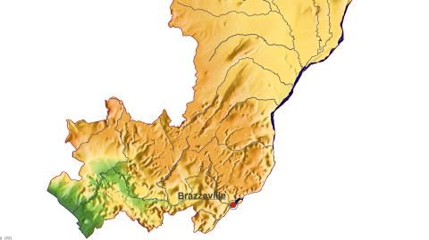 Karte: Landkarte Republik Kongo (Staatsgrenzen und Hauptstadt): farbkodierte Topographie, schattiertes Relief