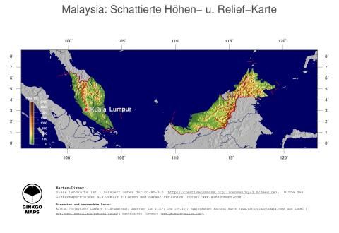Karte: Landkarte Malaysia (Staatsgrenzen und Hauptstadt): farbkodierte Topographie, schattiertes Relief