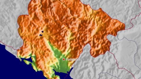 Karte: Landkarte Montenegro (Staatsgrenzen und Hauptstadt): farbkodierte Topographie, schattiertes Relief