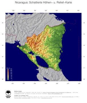 Karte: Landkarte Nicaragua (Staatsgrenzen und Hauptstadt): farbkodierte Topographie, schattiertes Relief
