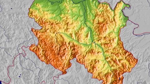 Karte: Landkarte Serbien (Staatsgrenzen und Hauptstadt): farbkodierte Topographie, schattiertes Relief