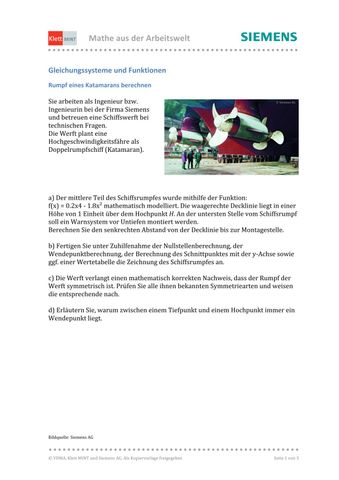 Arbeitsblatt: Gleichungssysteme und Funktionen | Rumpf eines Katamarans berechnen (PDF)