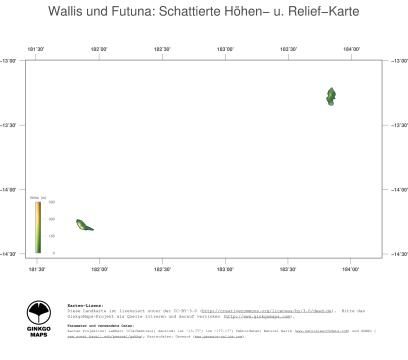 Karte: Landkarte Wallis und Futuna (Staatsgrenzen und Hauptstadt / schattiertes Relief, farbkodierte Topographie)
