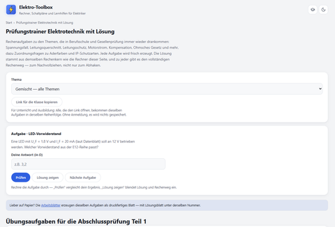 Webseite: Elektro-Toolbox: Prüfungstrainer