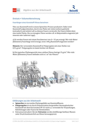 Arbeitsblatt: Dreisatz zur Volumenberechnung | Faserlängen eines Kunststoff-Vlieses berechnen (DOCX)