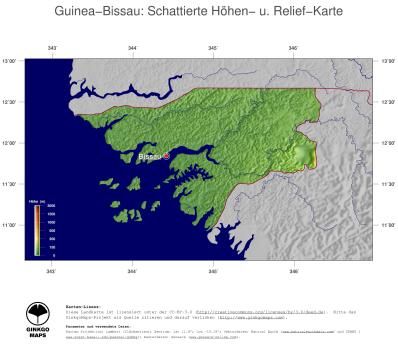 Karte: Landkarte Guinea Bissau (Staatsgrenzen und Hauptstadt): farbkodierte Topographie, schattiertes Relief