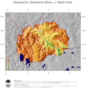 Karte: Landkarte Mazedonien (Staatsgrenzen und Hauptstadt): farbkodierte Topographie, schattiertes Relief