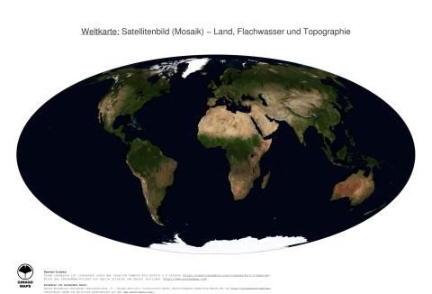 Karte: Weltkarte (Land, Flachwasser und Topographie)