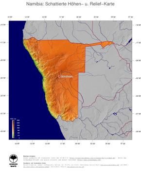 Karte: Landkarte Namibia (Staatsgrenzen und Hauptstadt): farbkodierte Topographie, schattiertes Relief