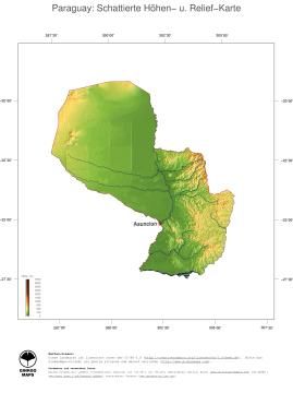 Karte: Landkarte Paraguay (Staatsgrenzen und Hauptstadt): farbkodierte Topographie, schattiertes Relief