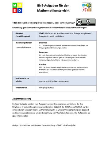 Unterrichtsbaustein: BNE-Aufgaben Mathematik: Erneuerbare Energie wächst rasant