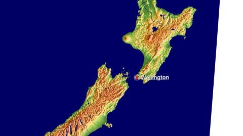 Karte: Landkarte Neuseeland (Staatsgrenzen und Hauptstadt): farbkodierte Topographie, schattiertes Relief