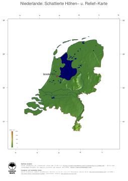 Karte: Landkarte Niederlande (Staatsgrenzen und Hauptstadt): farbkodierte Topographie, schattiertes Relief