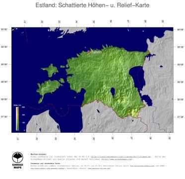 Karte: Landkarte Estland (Staatsgrenzen und Hauptstadt): farbkodierte Topographie, schattiertes Relief