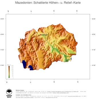 Karte: Landkarte Mazedonien (Staatsgrenzen und Hauptstadt): farbkodierte Topographie, schattiertes Relief