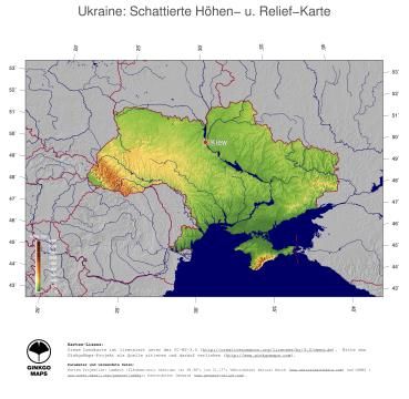 Karte: Landkarte Ukraine (Staatsgrenzen und Hauptstadt): farbkodierte Topographie, schattiertes Relief