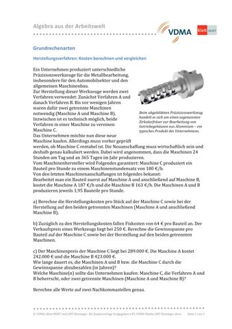 Arbeitsblatt: Grundrechenarten | Herstellungsverfahren - Kosten berechnen und vergleichen (PDF)