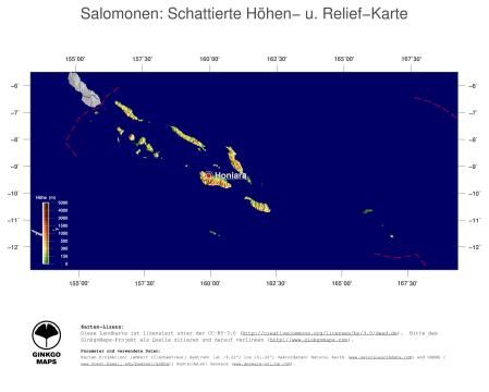 Karte: Landkarte Salomonen (Staatsgrenzen und Hauptstadt): farbkodierte Topographie, schattiertes Relief