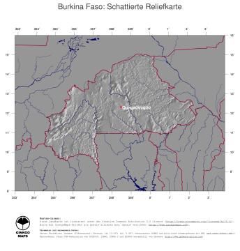 Karte: Landkarte Burkina Faso (Staatsgrenzen und Hauptstadt): schattiertes Relief