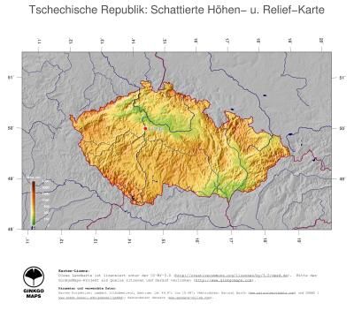 Karte: Landkarte Tschechische Republik (Staatsgrenzen und Hauptstadt): farbkodierte Topographie, schattiertes Relief