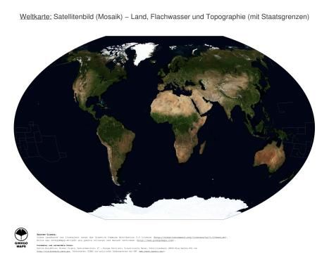Karte: Weltkarte (Land, Flachwasser und Topographie (mit Staatsgrenzen))