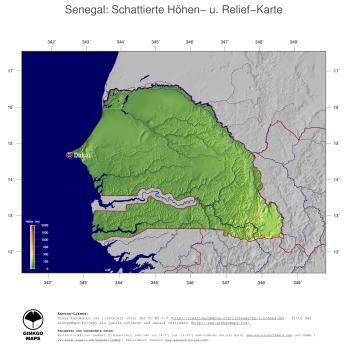 Karte: Landkarte Senegal (Staatsgrenzen und Hauptstadt): farbkodierte Topographie, schattiertes Relief