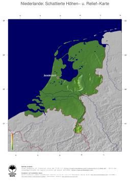 Karte: Landkarte Niederlande (Staatsgrenzen und Hauptstadt): farbkodierte Topographie, schattiertes Relief