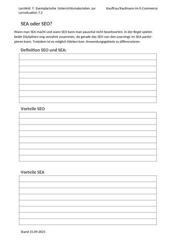Arbeitsblatt: LS 7.2 Die Schülerinnen und Schüler kalkulieren ein Marketingbudget | Exemplarisches Unterrichtsmaterial Nr. 3a: SEA oder SEO?