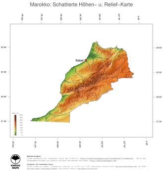 Karte: Landkarte Marokko (Staatsgrenzen und Hauptstadt): farbkodierte Topographie, schattiertes Relief