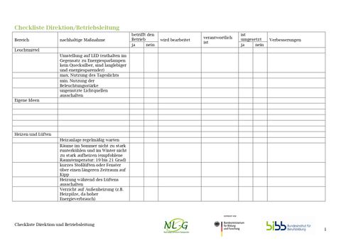 Unterrichtsbaustein: Checkliste nachhaltiger Lernort: Direktion und Betriebsleitung