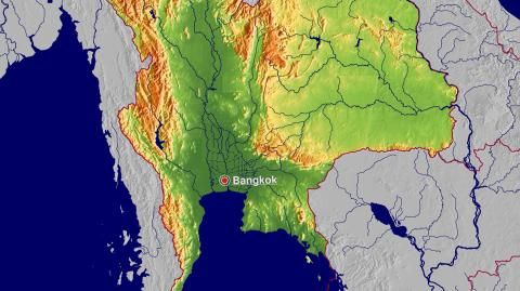 Karte: Landkarte Thailand (Staatsgrenzen und Hauptstadt): farbkodierte Topographie, schattiertes Relief