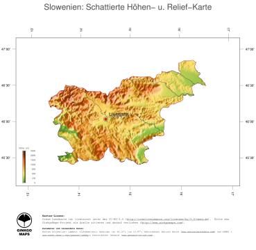 Karte: Landkarte Slowenien (Staatsgrenzen und Hauptstadt): farbkodierte Topographie, schattiertes Relief