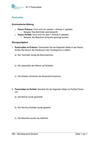 Arbeitsblatt: Wartung, die wirkt: Säulenbohrmaschine | M 11: Integrierte Grammatik: Passivsätze