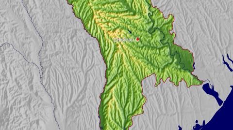 Karte: Landkarte Moldawien (Staatsgrenzen und Hauptstadt): farbkodierte Topographie, schattiertes Relief