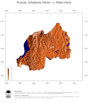 Karte: Landkarte Ruanda (Staatsgrenzen und Hauptstadt): farbkodierte Topographie, schattiertes Relief