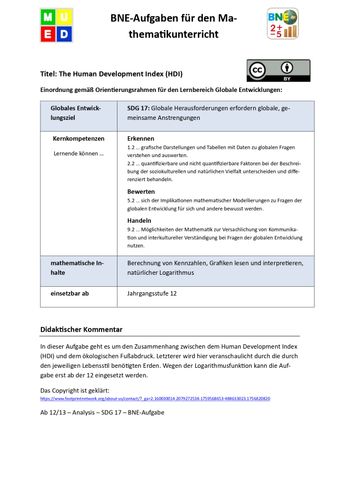 Unterrichtsbaustein: BNE-Aufgaben Mathematik: The Human Development Index (HDI, Klasse 12)