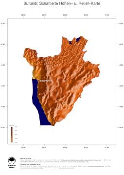 Karte: Landkarte Burundi (Staatsgrenzen und Hauptstadt): farbkodierte Topographie, schattiertes Relief