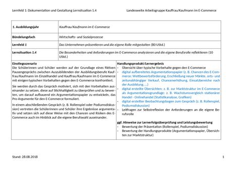 Unterrichtsplanung: LS 1.4 Die Besonderheiten und Anforderungen im E-Commerce analysieren | Dokumentation und Gestaltung