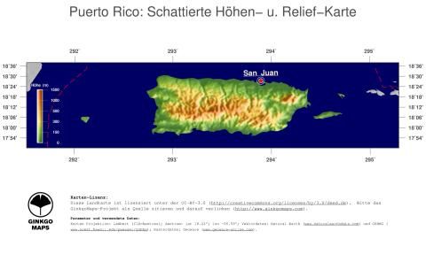 Karte: Landkarte Puerto Rico (Staatsgrenzen und Hauptstadt): farbkodierte Topographie, schattiertes Relief