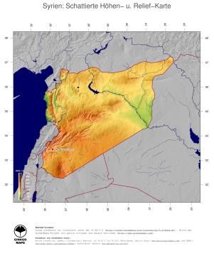Karte: Landkarte Syrien (Staatsgrenzen und Hauptstadt): farbkodierte Topographie, schattiertes Relief