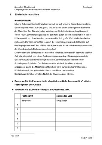 Arbeitsblatt: Säulenbohrmaschine (Arbeitsblatt)