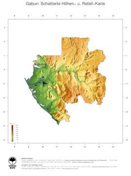 Karte: Landkarte Gabun (Staatsgrenzen und Hauptstadt): farbkodierte Topographie, schattiertes Relief