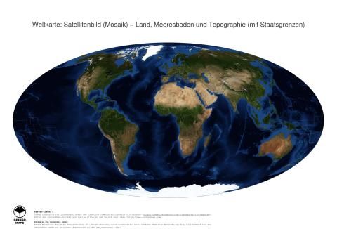 Karte: Weltkarte (Land, Meeresboden und Topographie (mit Staatsgrenzen))