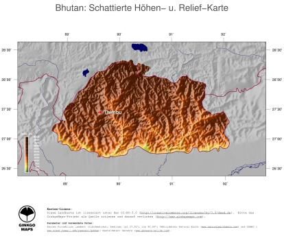 Karte: Landkarte Bhutan (Staatsgrenzen und Hauptstadt): farbkodierte Topographie, schattiertes Relief