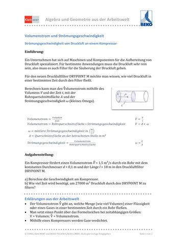 Arbeitsblatt: Volumenstrom und Strömungsgeschwindigkeit | Strömungsgeschwindigkeit von Druckluft an einem Kompressor (PDF)
