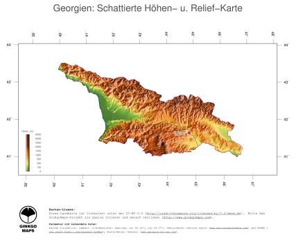 Karte: Landkarte Georgien (Staatsgrenzen und Hauptstadt): farbkodierte Topographie, schattiertes Relief