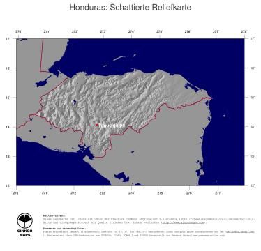 Karte: Landkarte Honduras (Staatsgrenzen und Hauptstadt): schattiertes Relief
