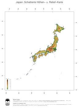 Karte: Landkarte Japan (Staatsgrenzen und Hauptstadt): farbkodierte Topographie, schattiertes Relief