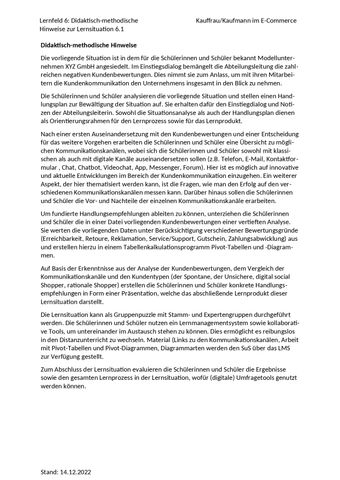 Unterrichtsplanung: LS 6.1 Die Kundenkommunikation analysieren neu ausrichten | Didaktisch-methodische Hinweise